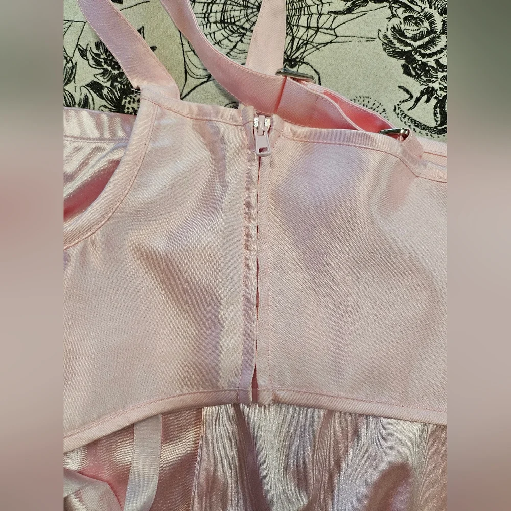 Dolls Kill Sugar Thrillz Pink Satin Underbust & Biker Shorts +Extra Mesh Flower - Picture 11 of 12